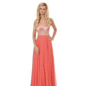 NEW VIVI TA Coral Embellished Prom Gown Dress Women's Size 14 Strapless Beaded